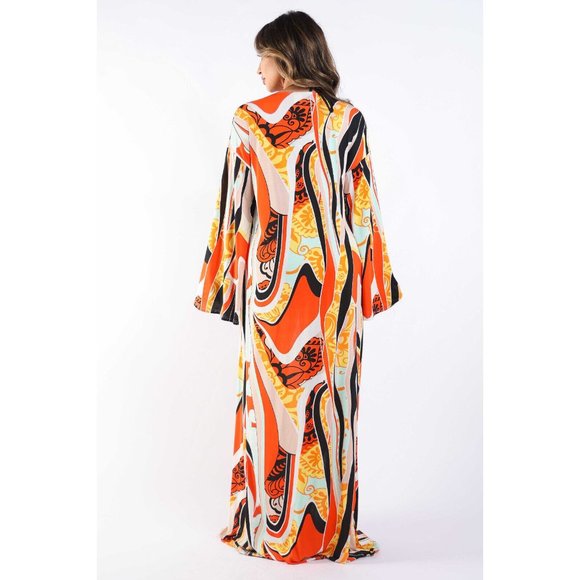 Women's Printed Beachwear Cover Up Swimsuit Long Sleeve Orange & Royal Combo - Picture 5 of 9